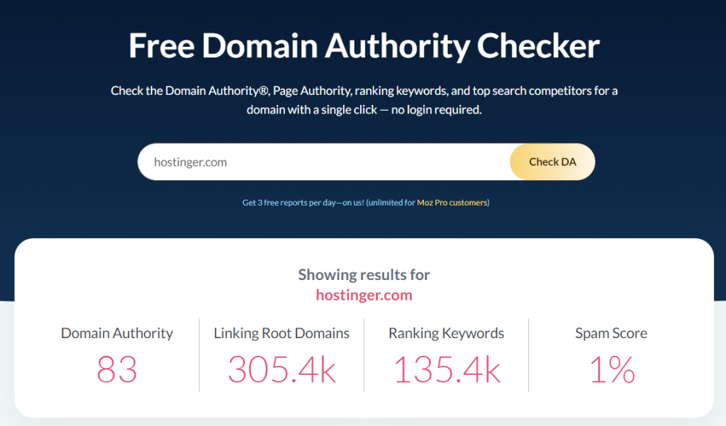 Moz Domain Authority Checker, showing the domain authority of Hostinger