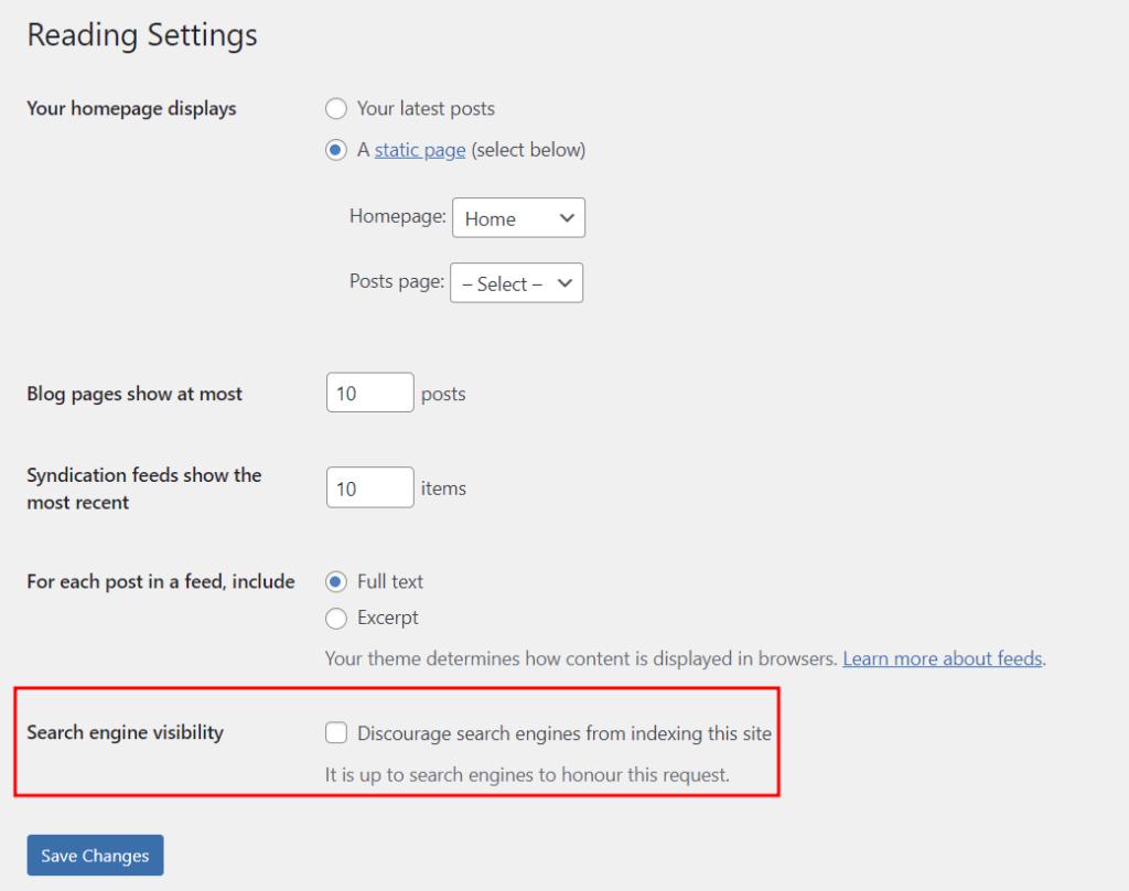 The Reading Settings in the WordPress dashboard with the Search engine visibility section highlighted in red