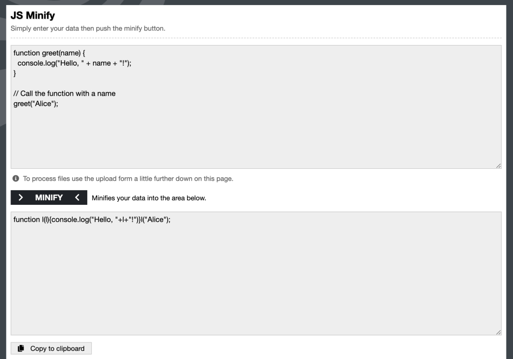 The comparison between the original JS code and the minified one on UglifyJS