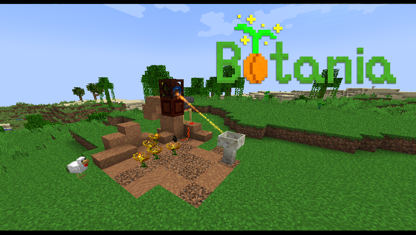 Minecraft image displaying a flower garden, a chicken next to it and a "Botania" logo text, with the letter O shaped like a flower sprout