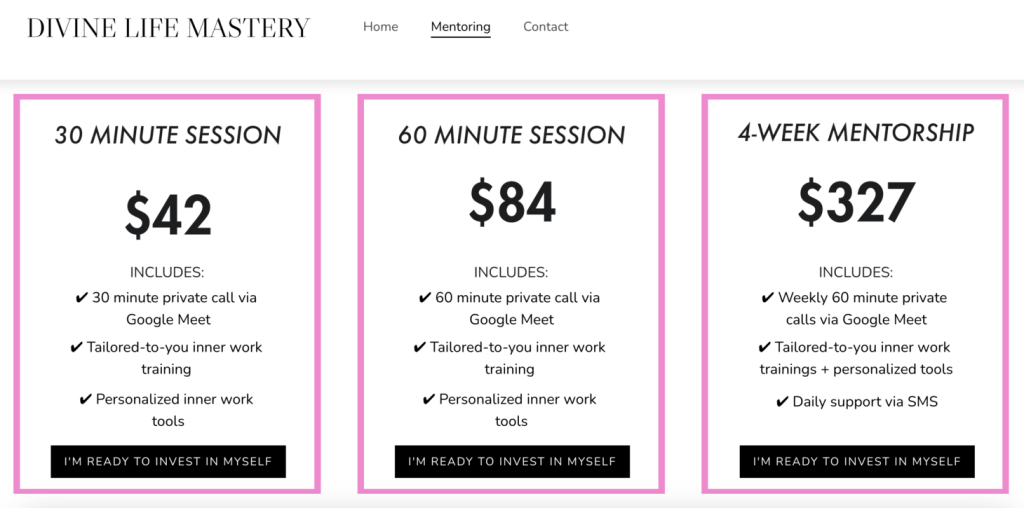 Product page of Divine Life Mastery, showing different pricing plans