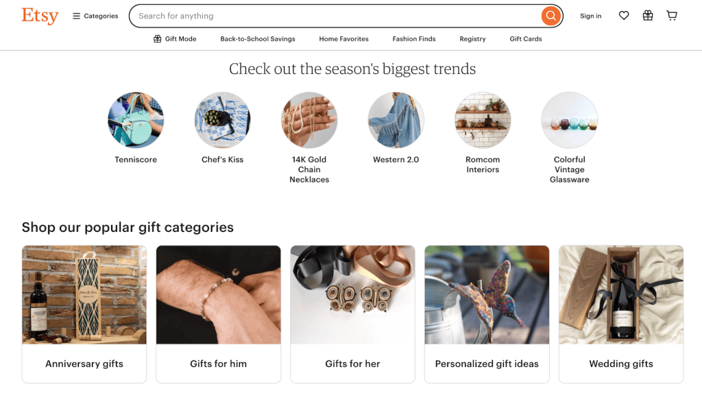 Homepage of Etsy, an online marketplace for buying and selling handmade or vintage items