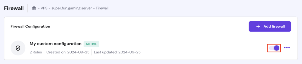 Activating the new firewall configuration in hPanel's VPS