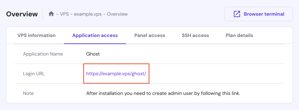 hPanel VPS overview login URL highlighted