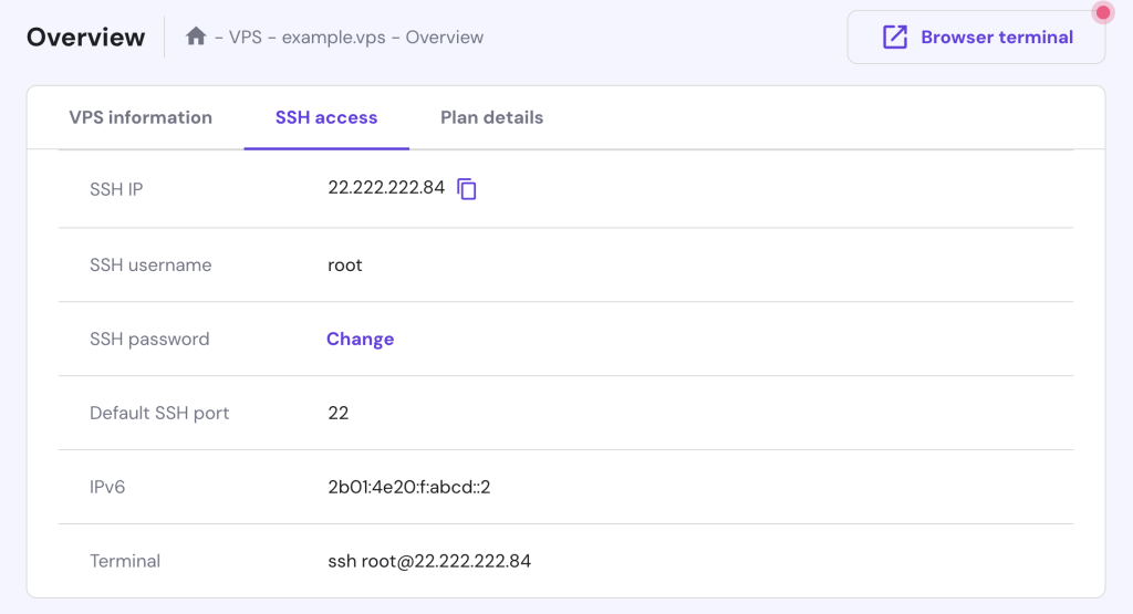 The SSH access tab on Hostinger's VPS