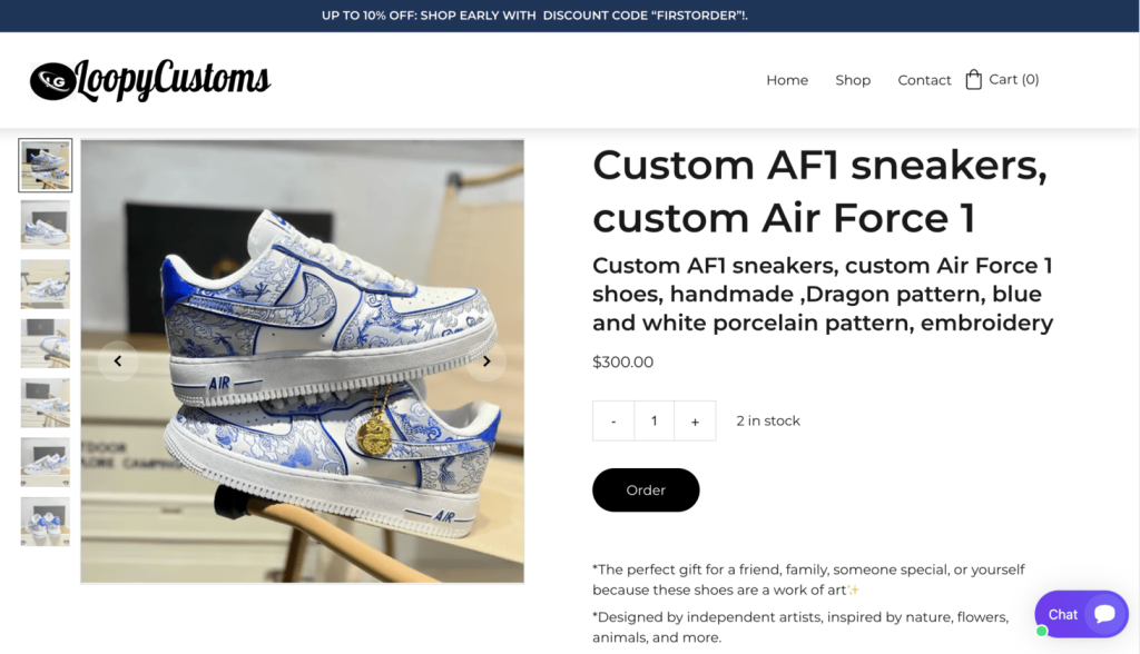 Product page of LoopyCustoms, showing custom Air Force 1 sneakers