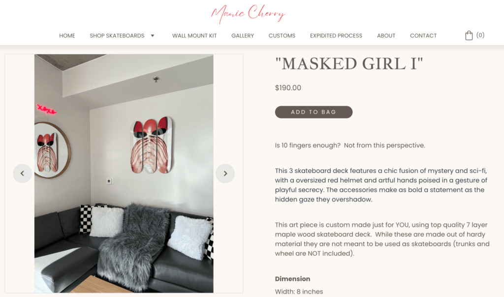 Product page of Manic Cherry, showing one of their skateboard wall art items