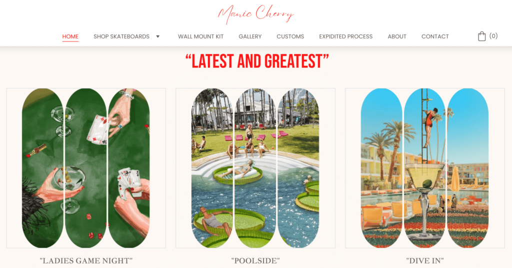 Homepage of Manic Cherry, showing their skateboard wall art