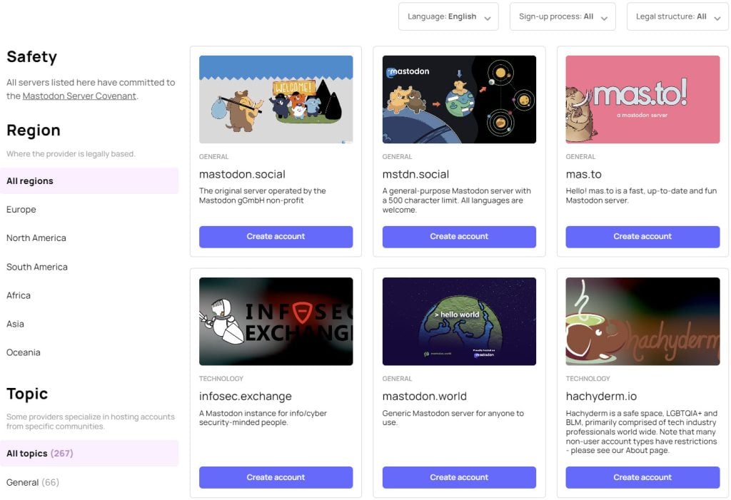 Mastodon's server browser offering a variety of communities focused around specific topics, regions and more.