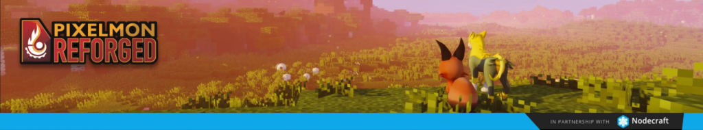 "Pixelmon Reforged" logo and text on top of an image containing Pokemon-like creatures in a Minecraft setting