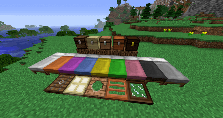 Minecraft screenshot displaying different styles of beds, storage caskets and window blocks added with Quark mod