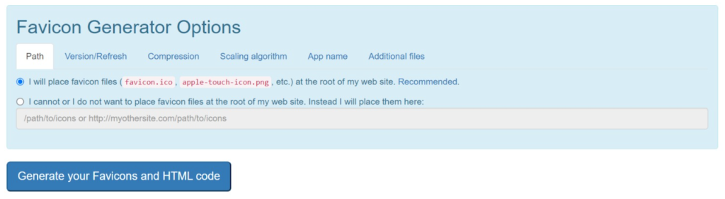 Real Favicon Generator path options