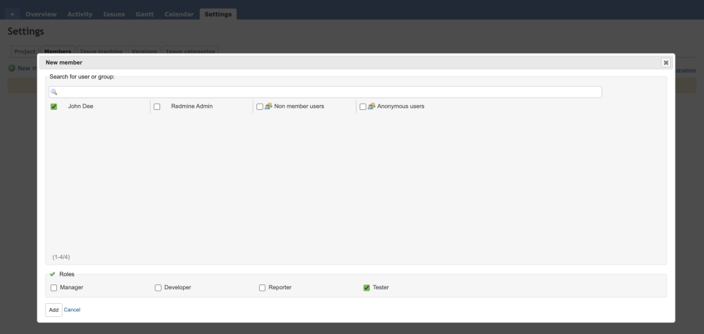 The New member options in Redmine