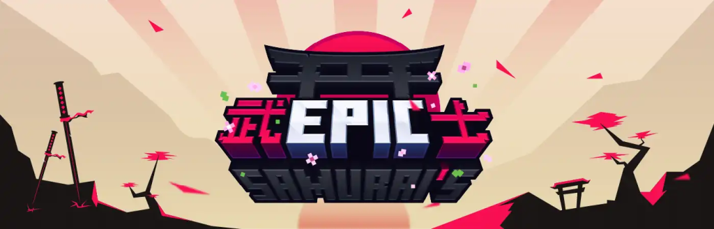 "Epic Samurai" text with pink Japanese hieroglyphs next to the text, feudal Japan style arch and stylized sakura trees in the background