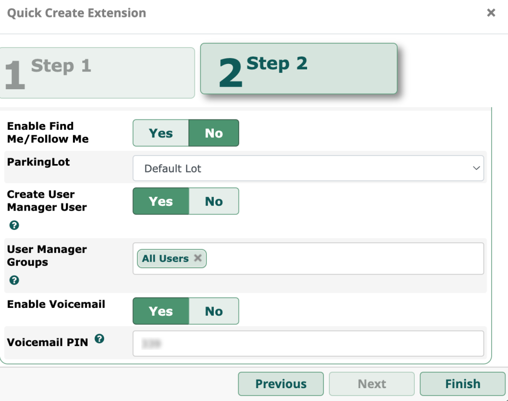 Second page of extension creation menu on FreePBX