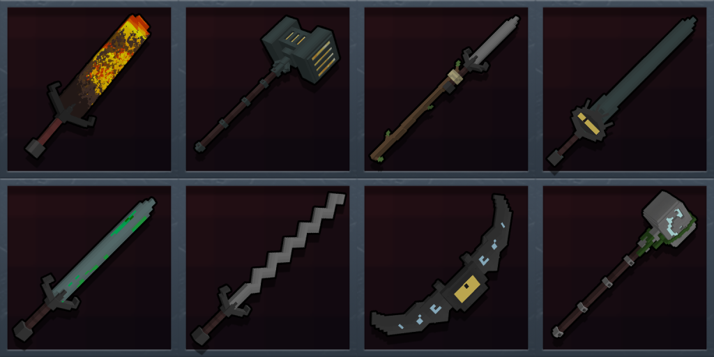 Image of 8 different Minecraft weapons, containing 4 swords, 2 two handed hammers, a bow and a spear