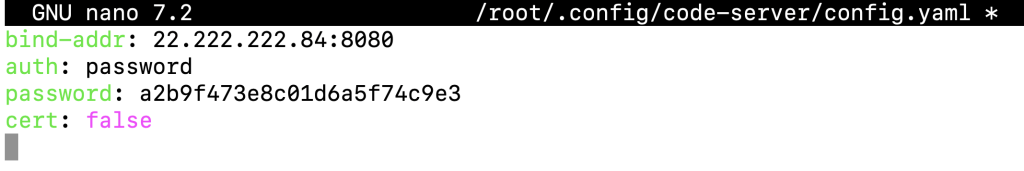 The bind address and password information on VS Code Server's configuration file