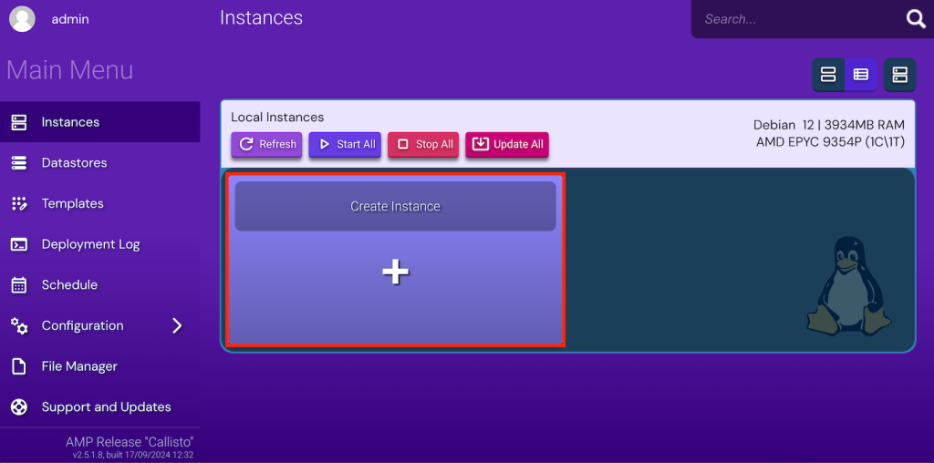 The instance creation button on Hostinger Game Panel