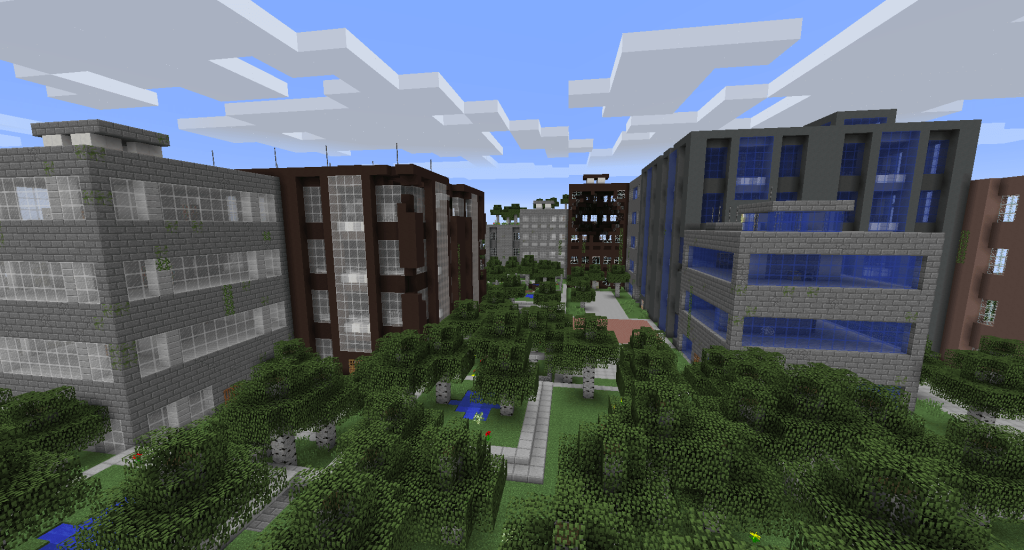 Minecraft image showing an abandoned city with high-rise buildings and trees occupying the space between them