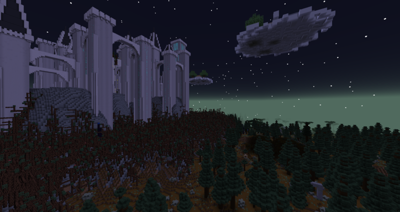 Minecraft image of a massive castle in a dark setting with a twilight sky