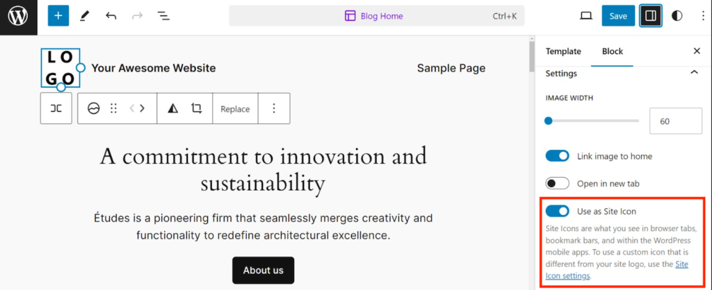 Use site icon toggle in Gutenberg site editor