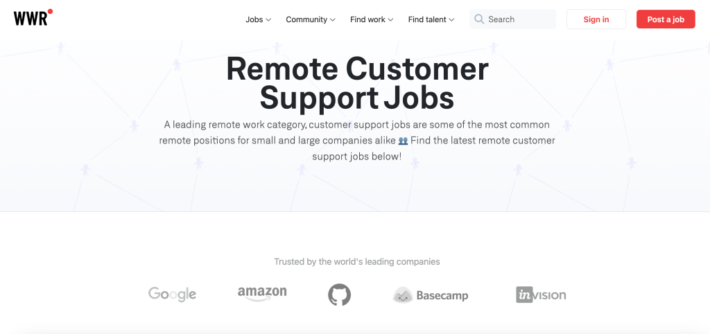 Weworkremotely remote customer support jobs page