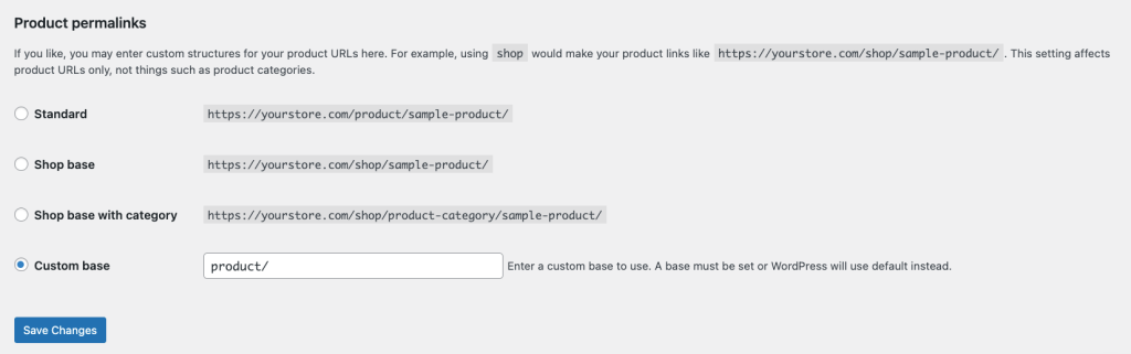 WooCommerce permalink settings in WordPress