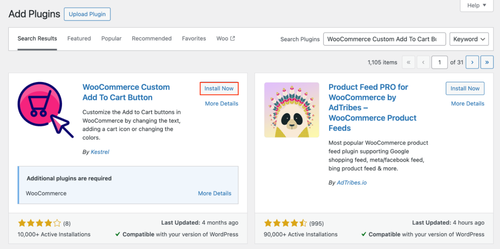 The Install Now button next to the WooCommerce Custom Add To Cart button plugin in the WordPress dashboard