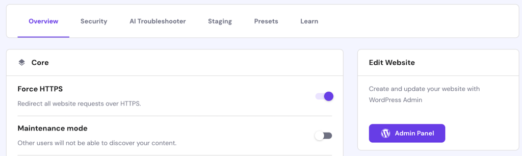 WordPress maintenance mode toggle in hPanel