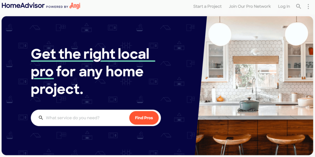 Homepage of HomeAdvisor, a lead generation platform for local services