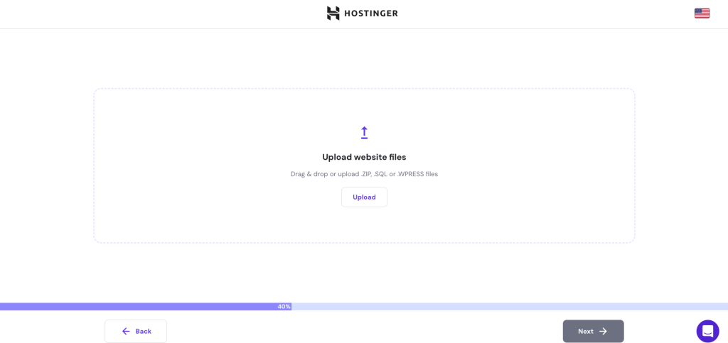 A drag-and-drop field to upload website files as part of Hostinger's website migration process