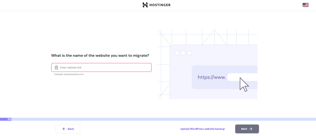 Hostinger's request migration first page, showing a box to fill client's website URL