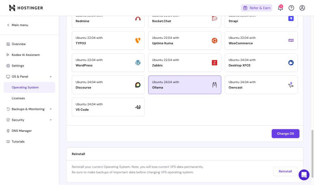 Hostinger offers a pre-built template for installing Ollama on your Ubuntu-based VPS