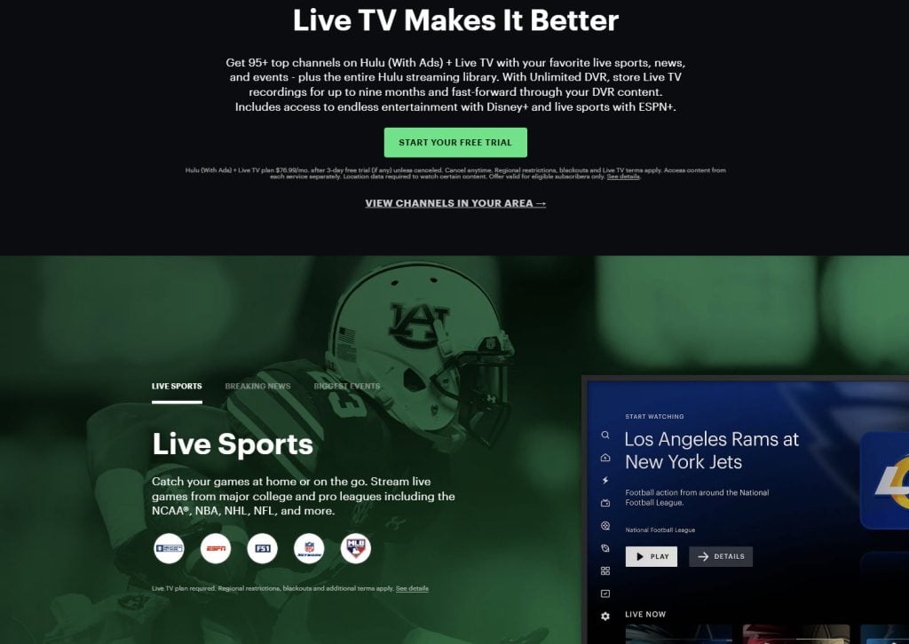 Screenshot of a landing page of one of the popular Live TV streaming services, Hulu.