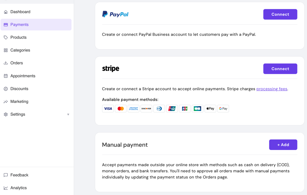 Payments dashboard within Hostinger Website Builder