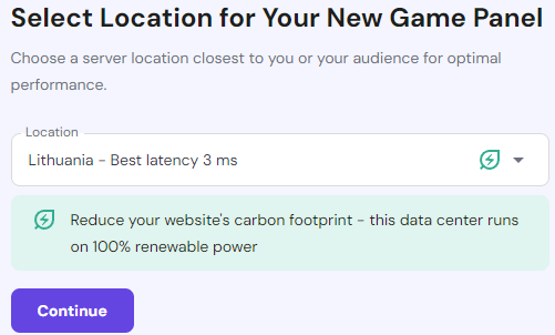 Hostinger Game panel location selection screen