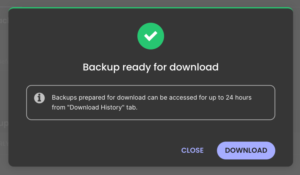 Siteground backup restore ready to download popup box