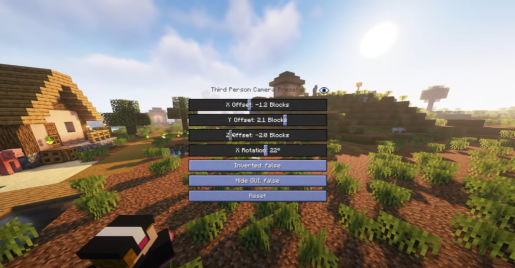 In-game settings for the Fabric Minecraft modpack's third-person camera presets