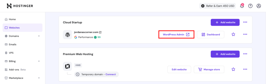 Hostinger hPanel dashboard, highlighting the button to access WordPress admin dashboard
