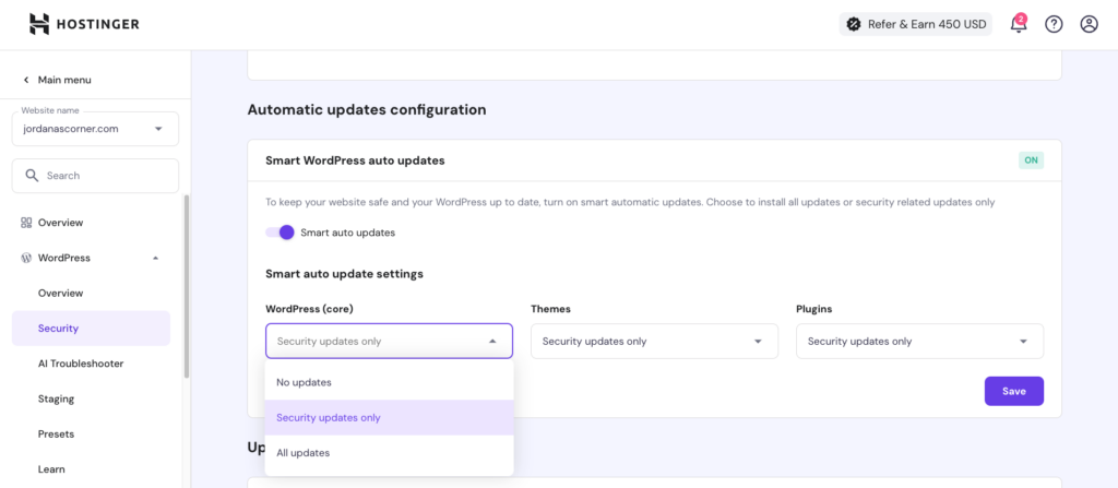 Smart WordPress Auto Updates in Hostinger hPanel
