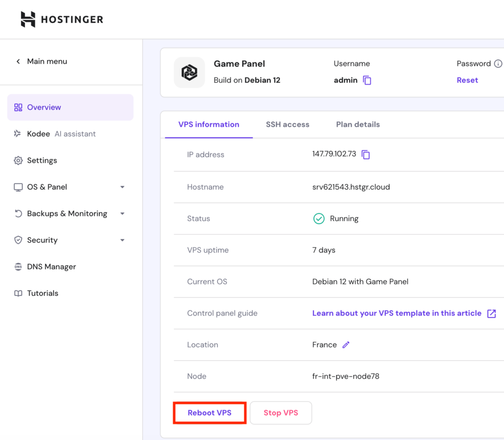 screenshot showing the 'reboot VPS button.'