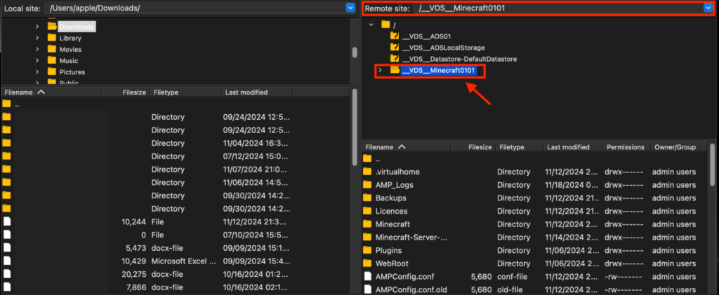 6. Once connected, you should see a directory of all your server files in the right-hand panel (Remote site). Look for a folder named after your Minecraft server or the root directory where the server’s files are located, such as __VDS__Minecraft0101. You should find the server properties file inside.