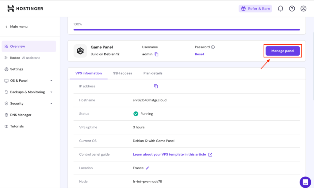 The Hostinger hPanel, showing a Minecraft Game Panel account with the Manage panel button highlighted