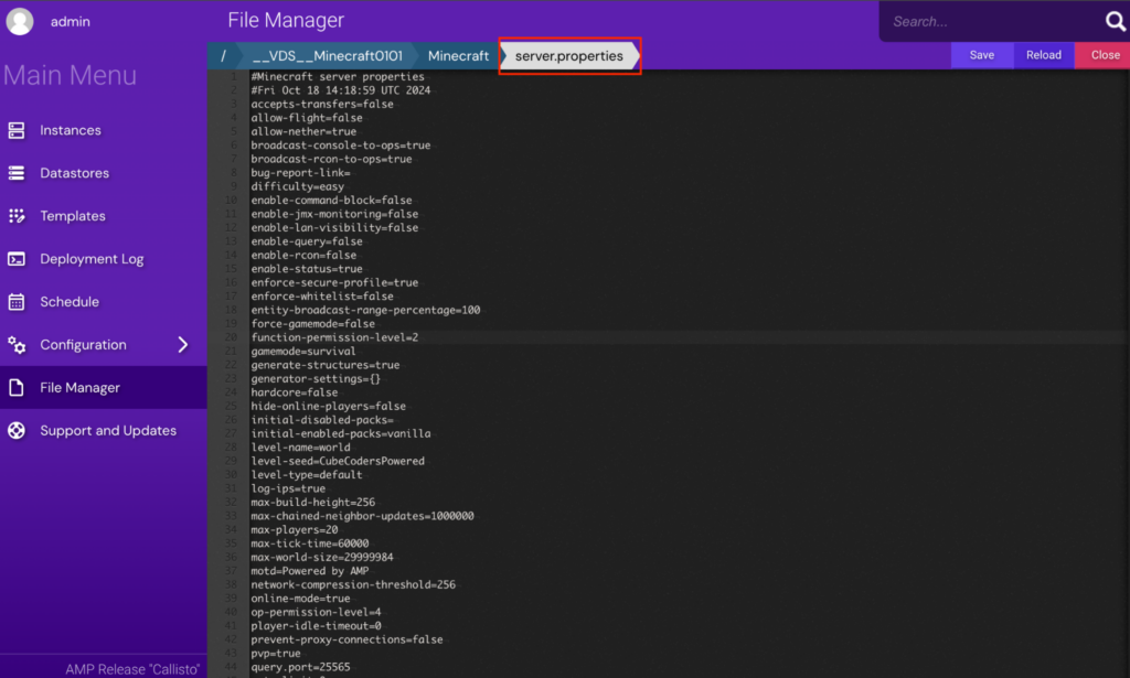 The Hostinger Game Panel's File Manager, showing the server.properties file open to display all current server properties and commands