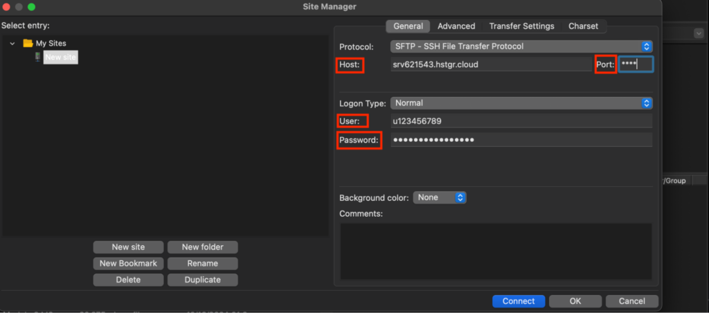 The FileZilla Site Manager panel, showing a Host, Port, User, and Password filled in