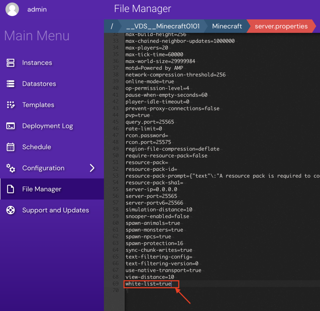 The Hostinger Game Panel's File Manager, showing the server.properties file and the "whitelist=true" command highlighted