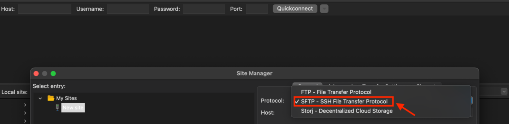 The FileZilla Site Manager, showing the "SFTP - SSH File Transfer Protocol" selected in the dropdown Protocol menu.