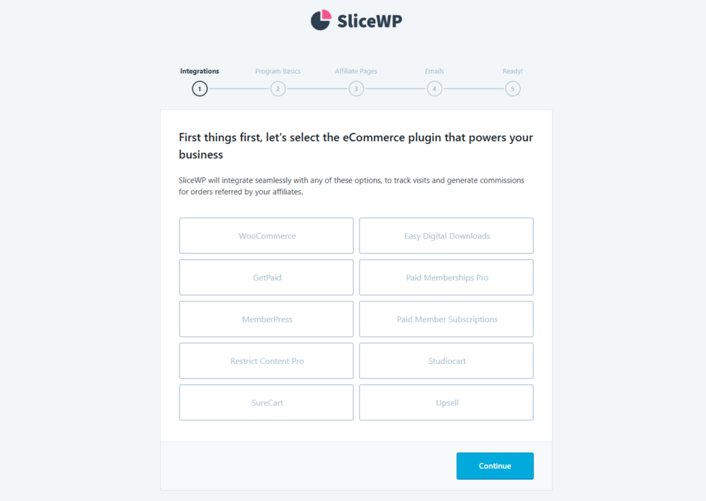 The eCommerce selection page on SliceWP's initial setup wizard