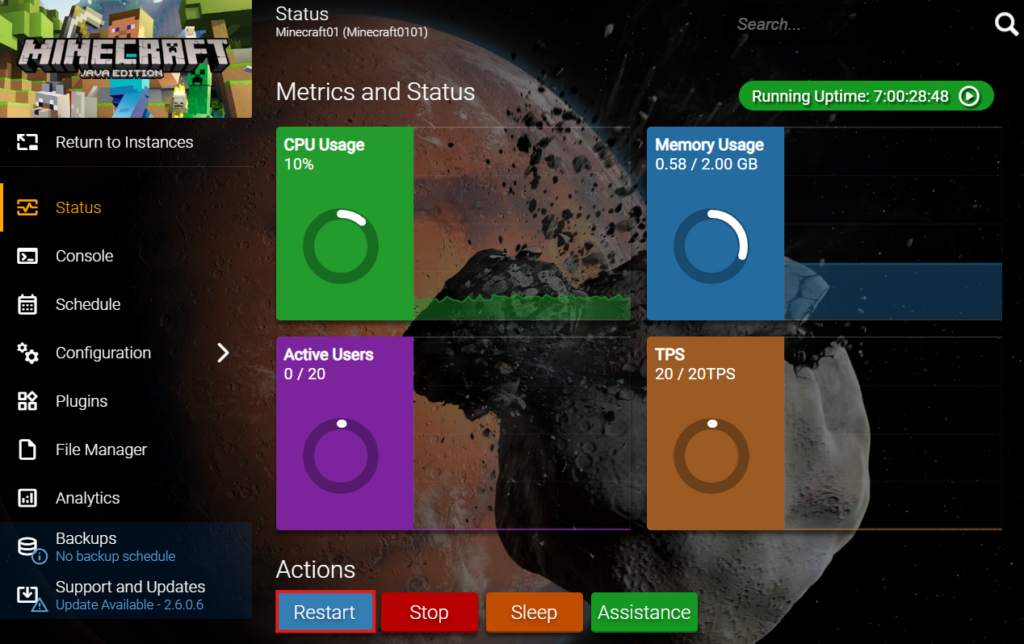 The Hostinger Game Panel, showing the server status dashboard with the server Restart button highlighted