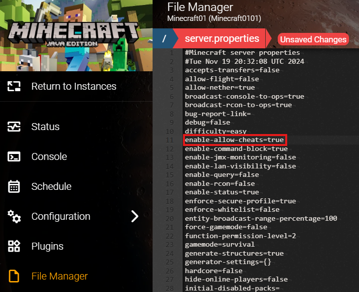 The Hostinger Game Panel's File Manager, showing the server.properties file open in the editor and the allow-cheats setting set to true